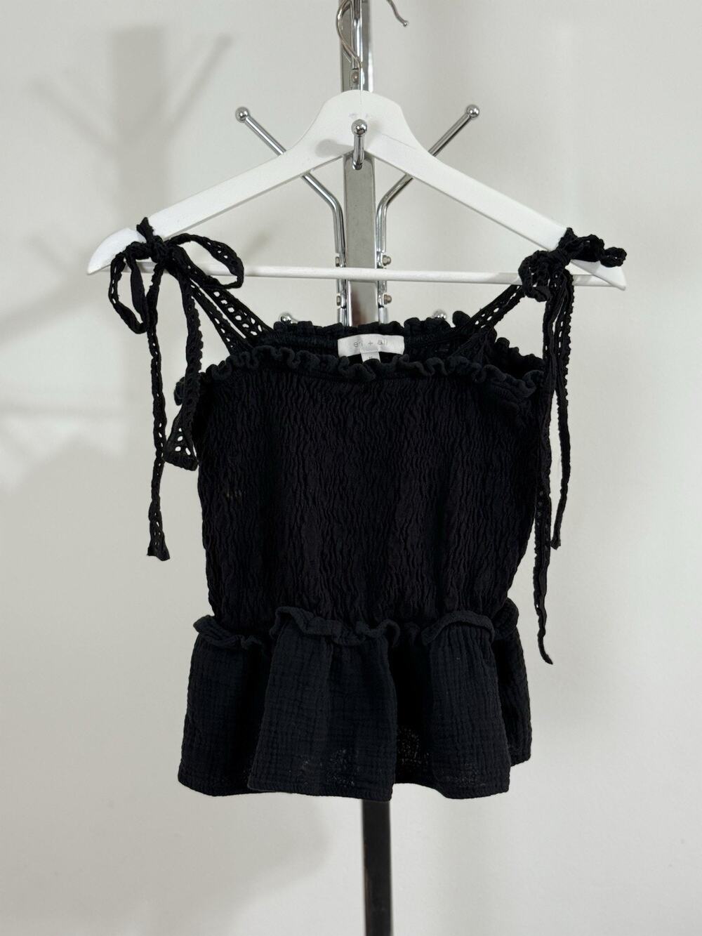 Eli + Ali Black Smocked Peplum Cami Top Womens M Tie Straps Cottagecore Peasant